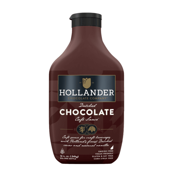 A bottle of chocolate sauce with the label " hollander ".
